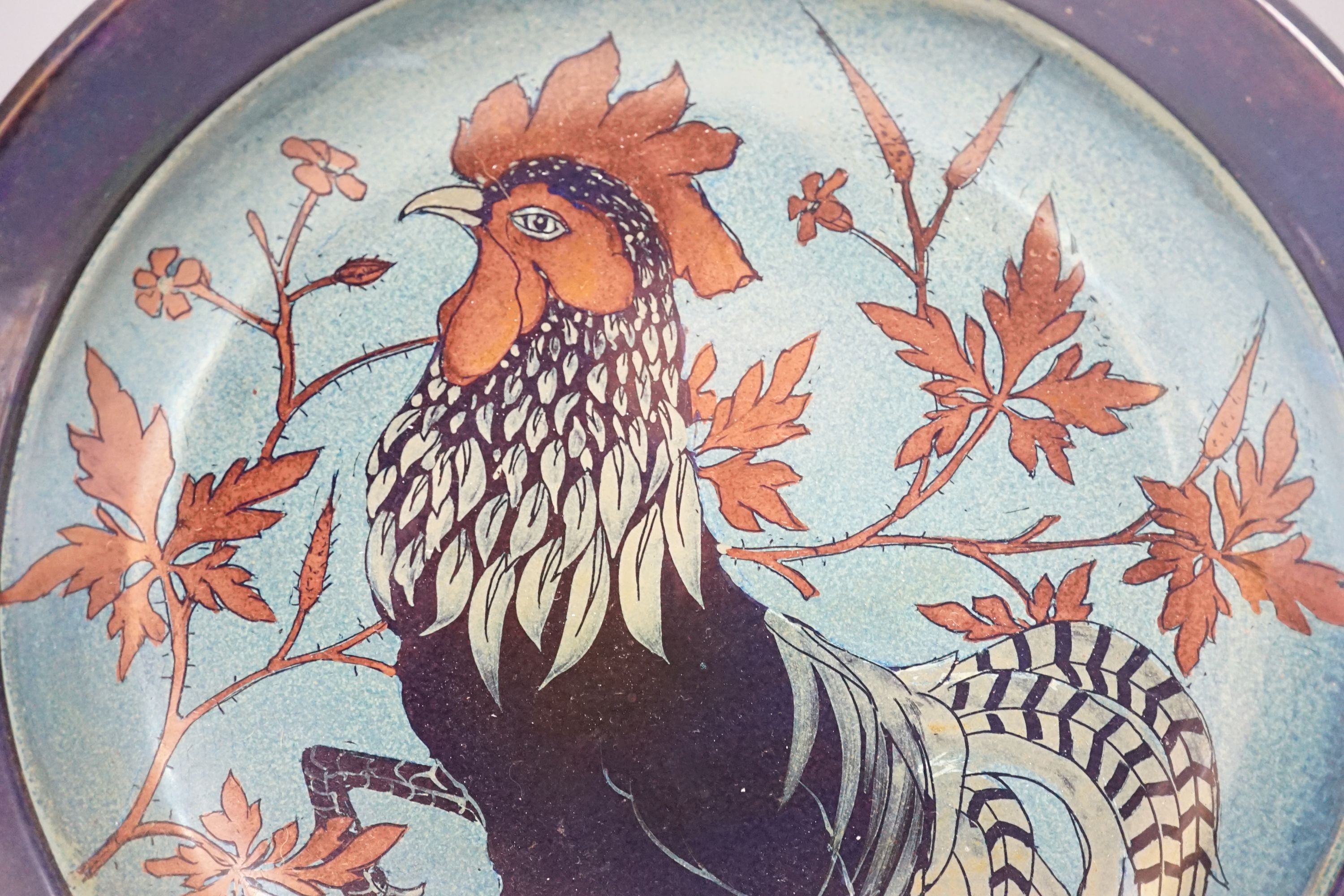 Jonathan Chiswell Jones, a lustre 'cockerel' dish, 34cms diameter.